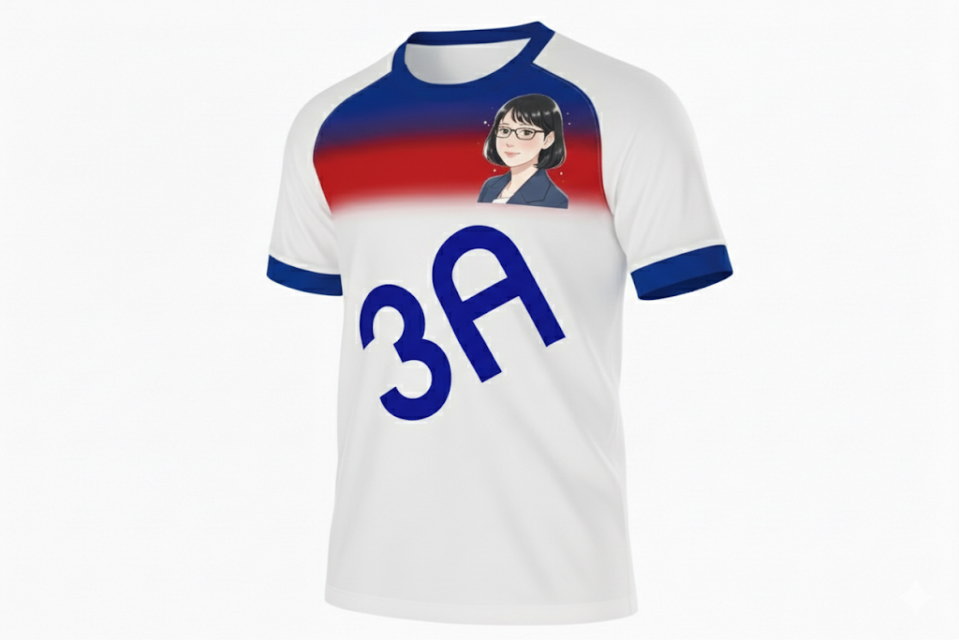 サッカーユニフォーム風クラスTシャツ 着用イメージ 青赤グラデーションのスポーティーなデザイン 担任の先生イラスト入りオリジナルTシャツ