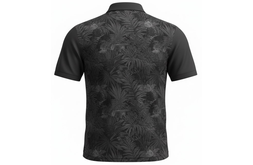 ラグビー強豪国のデザインを彷彿とさせるシダ柄ポロシャツ。型崩れしにくい鹿の子形状生地を採用し、スポーツチームの遠征着や店舗ユニフォームとしてプロ仕様の風格を演出。