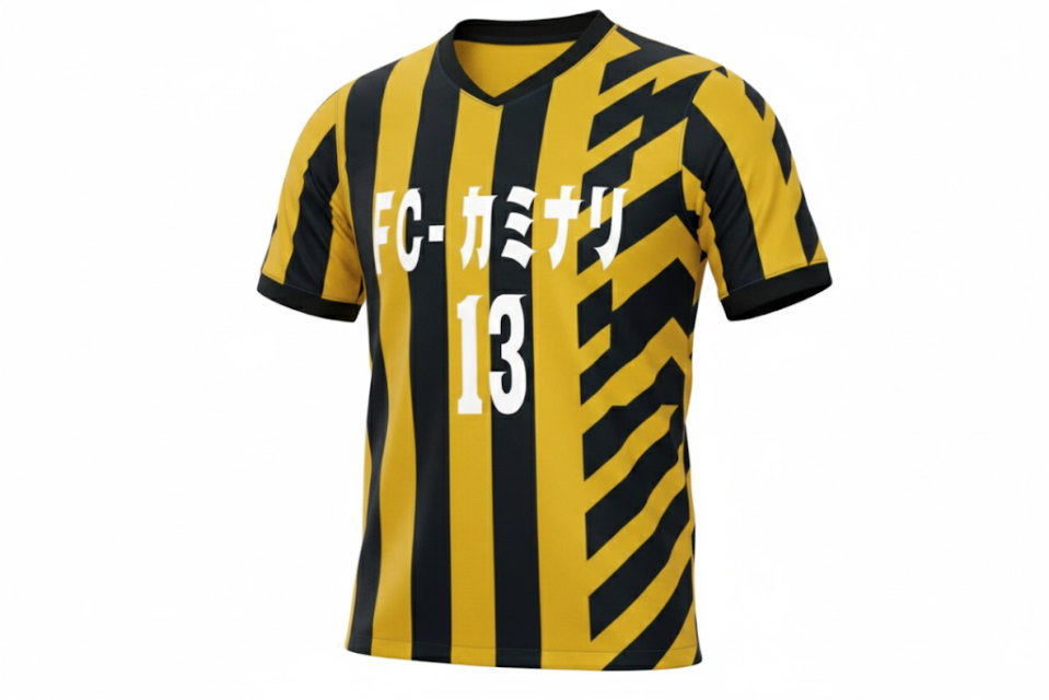 3Dモデルによるサッカーユニフォーム着用イメージ。イエローとブラックの斜線ストライプが映えるスタイリッシュなデザイン。愛知県のFC-カミナリ様モデル。世界に一つだけのオリジナルユニフォーム制作事例。