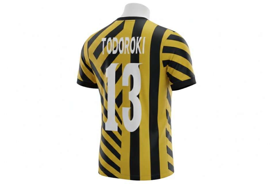 フルオーダーユニフォームの背面3Dシミュレーション。ストライプ柄を崩さない精緻な昇華プリント。スポーツショップ向けの業販や、企業イベント・大学サークルのチームウェア制作に対応。