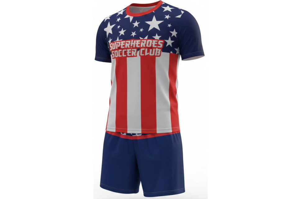 神奈川県のお客様から依頼されたオーダーメイドサッカーユニフォームの上下セット。星条旗モチーフの星柄と赤白ストライプが特徴的な全面昇華プリントデザイン。