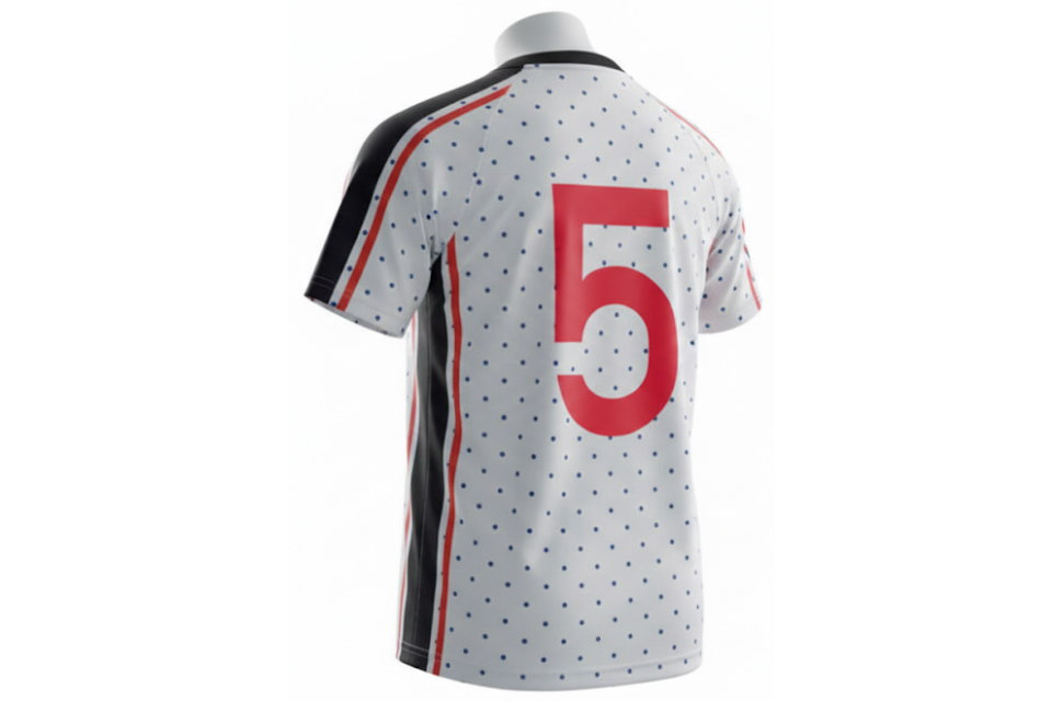 マネキン着用の背面スタイル。背番号5が大きくプリントされた、クラスTシャツや大学サークルでも人気のサッカーデザイン。