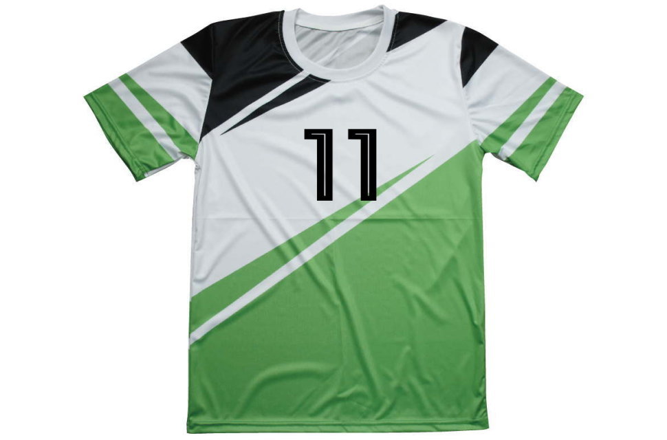 全面昇華プリントで仕上げたサッカーシャツ。胸番号11番入りで、鮮やかなグリーングラデーションとホワイトの切り替えデザイン。