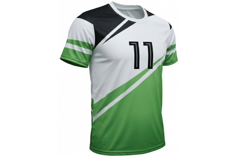 立体的なシルエットのサッカーユニフォーム。首元のリブや袖のラインなど、細部までこだわったオーダーメイドのフル昇華シャツ。