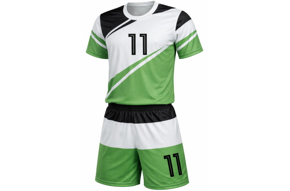 大阪府のチームが作成したオーダーメイドサッカーユニフォーム。グリーンと白の斜めラインが特徴的な上下セットの昇華プリントデザイン。