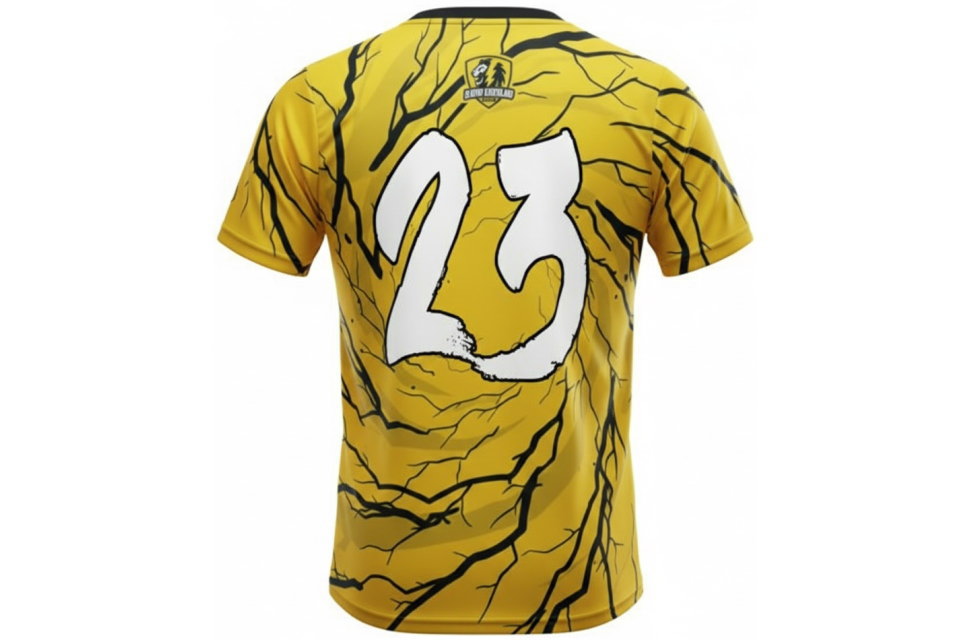 背番号と襟元のチームエンブレムを強調したオーダーユニフォームの背面斜め写真。クラスTシャツやサークルで人気の、日本語や記号も対応可能なカスタマイズ性の高い背番号プリントの仕上がり。