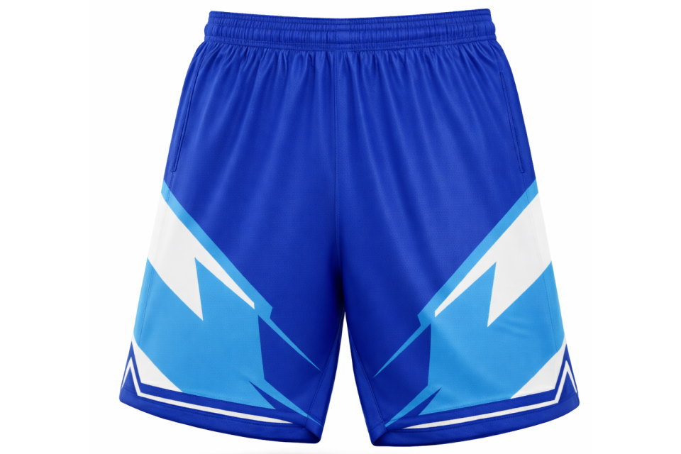 サッカーパンツ前面のディテール。裾のV字ラインとサイドのグラデーション。激しい試合にも耐えうる高品質な昇華プリント。