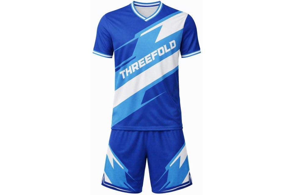 三重県のサッカーチーム向けオーダーメイドユニフォーム上下セット。青と水色の稲妻デザインが特徴的な全面昇華プリントの試合用ウェア。