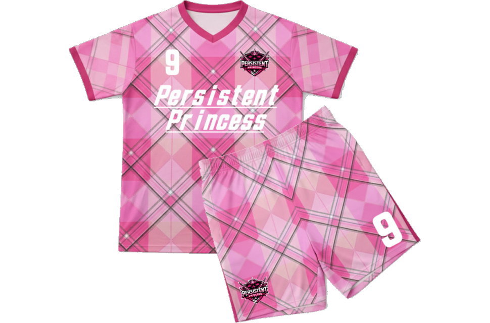 オーダーメイドサッカーユニフォームの上下レイアウト。ピンク×白のチェック柄が映えるシャツとパンツのセットアップイメージ
