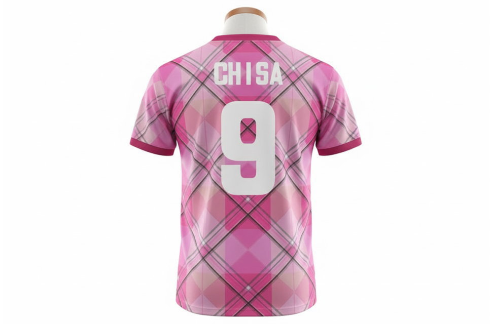 サッカーユニフォーム背面の3Dイメージ。肩から袖まで続く連続したチェック柄と、公式戦規定を考慮した背ネーム・背番号の配置