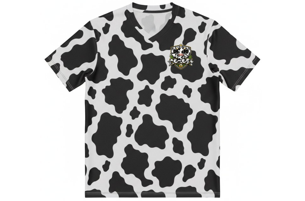 長野県のチーム様向けに制作した牛柄（ホルスタイン柄）のフルオーダーサッカーシャツ前面。全面昇華プリントによる継ぎ目のない総柄デザイン。