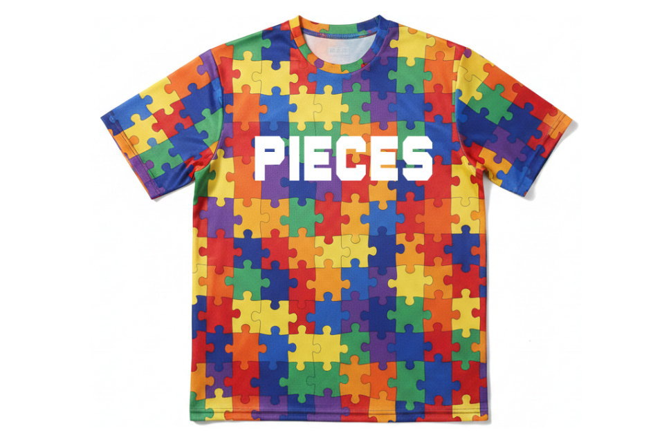「PIECES」の文字が入った、カラフルなジグソーパズル柄の全面昇華プリントサッカーユニフォーム
