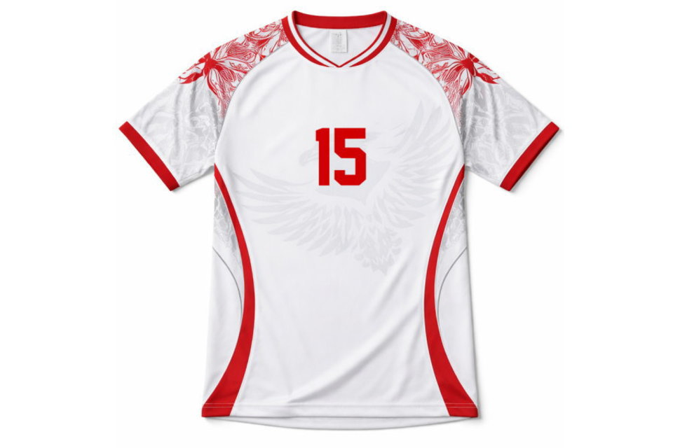 チュニジア代表のイーグル透かし柄が施されたオーダーメイドサッカーシャツ前面。肩の赤い模様が特徴