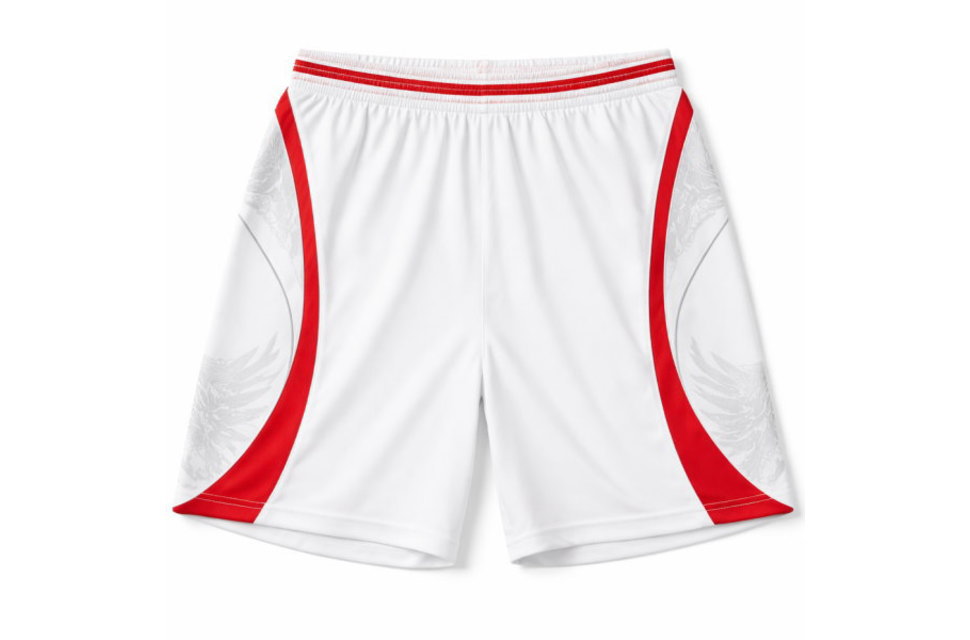 サイドに赤いラインとイーグルのグラフィックが入った、セットアップ用オーダーメイドサッカーパンツ