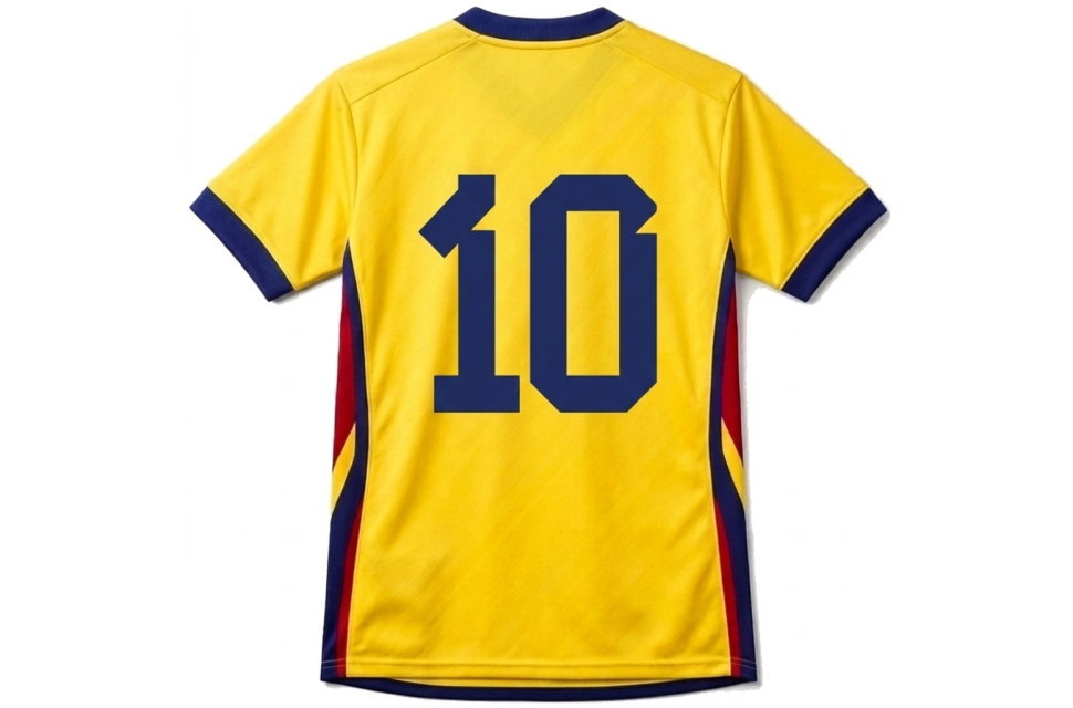サッカーコロンビア代表風の黄色いオーダーユニフォーム背面。大きな紺色の背番号10番が特徴的な全面昇華プリントシャツ。