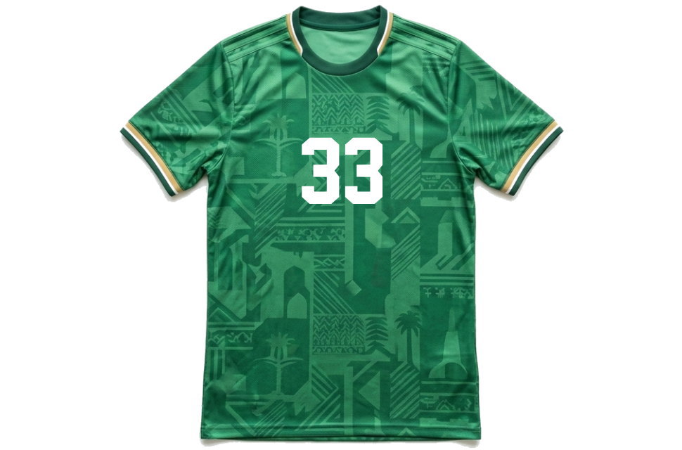 サウジアラビア代表風の緑の濃淡デザインを施したオーダーメイドサッカーユニフォームの前面。中央に白い胸番号33がプリントされている。