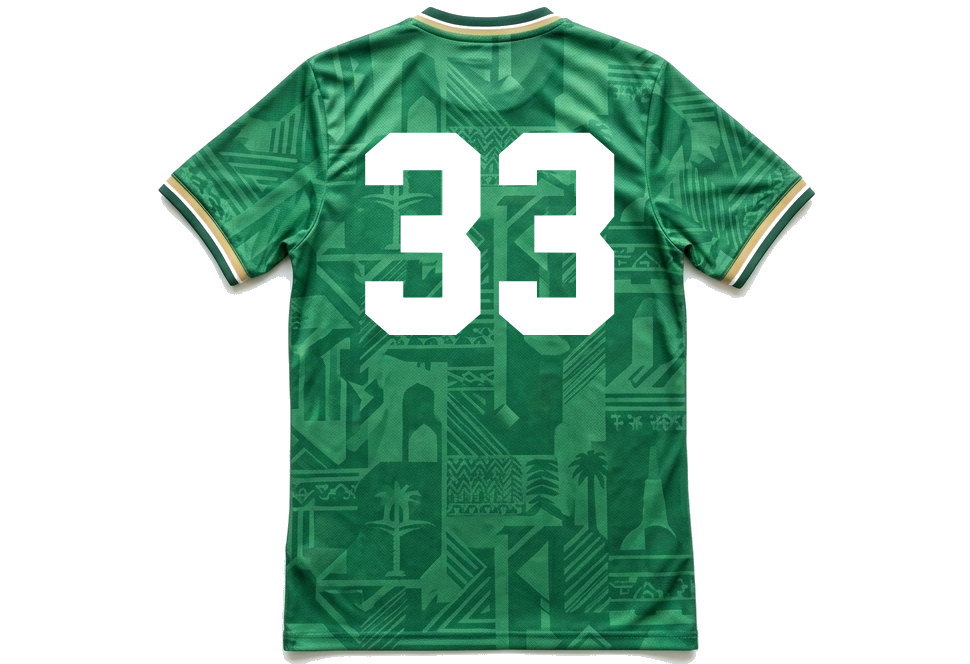 サウジアラビア代表風オーダーメイドサッカーユニフォームの背面。大きく白い背番号33がプリントされ、全面にグリーンの幾何学模様が施されている。