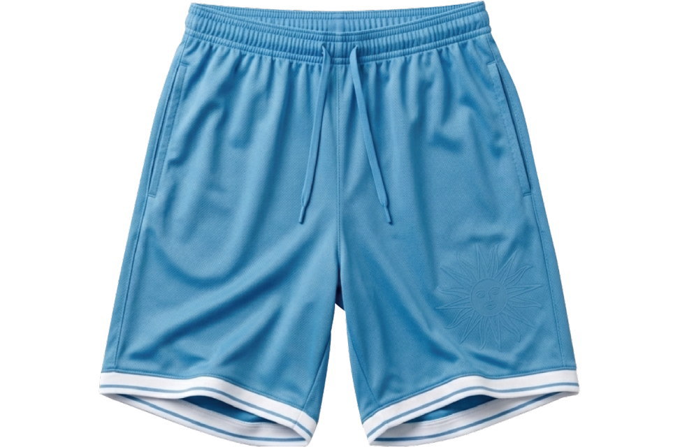 サッカーパンツのアップ。ウエスト紐付き、裾に白ライン、左側に太陽の紋章プリント