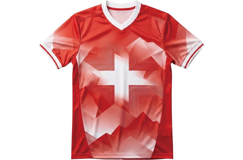 スイス代表の白十字と幾何学模様を昇華プリントで再現したオーダーメイドサッカーユニフォームの正面写真