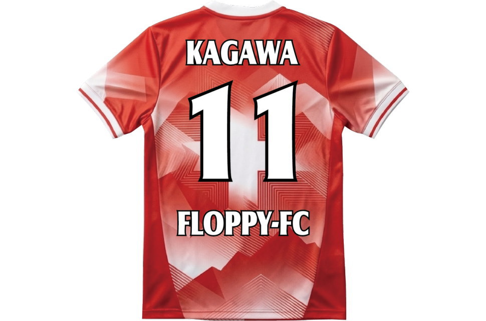 背番号11とKAGAWA、チーム名FLOPPY-FCをプリントしたオーダーメイドユニフォームの背面デザイン