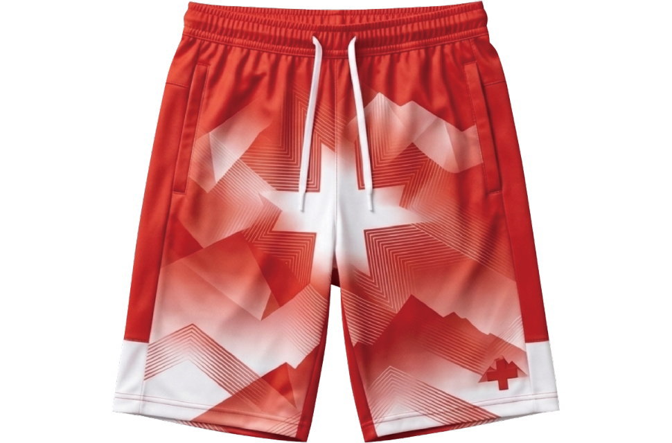 シャツのデザインと連動した白十字と幾何学模様入りのオーダーメイドサッカーパンツ