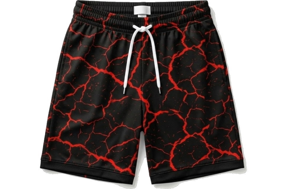 シャツとデザイン連動した黒赤の昇華プリントサッカーパンツ。ドローコード付きの高品質なスポーツウェア。