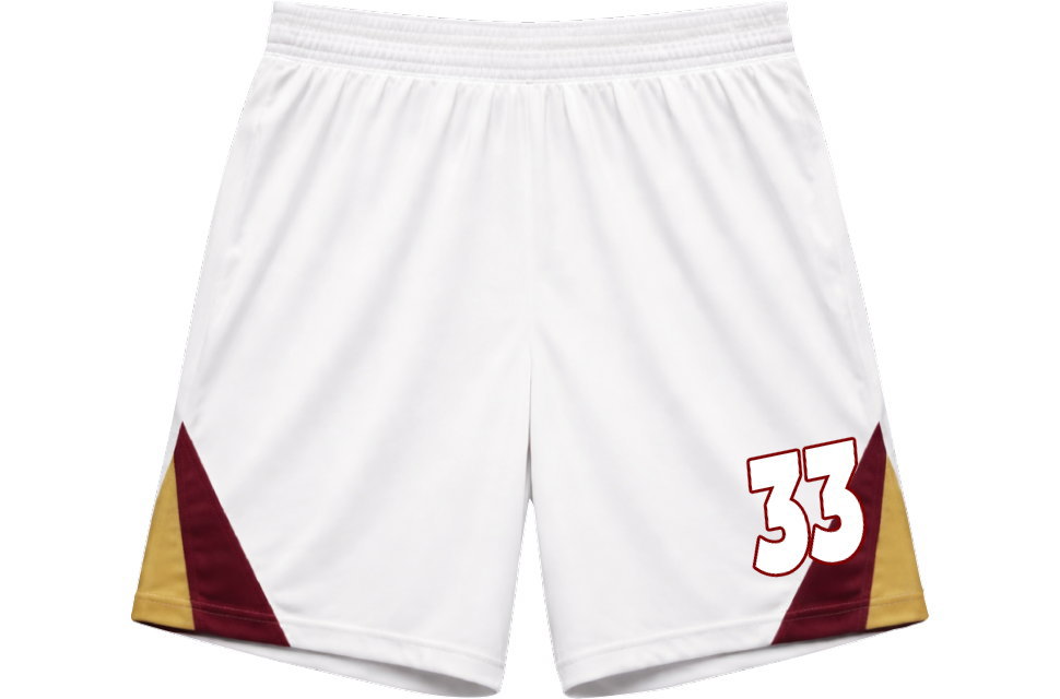 サイドにえんじ色と金の切り替えデザインが入り、番号33がプリントされた白のサッカーパンツ