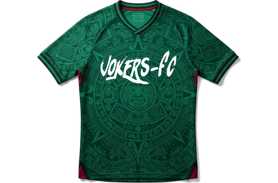 メキシコ代表風のアステカ柄が全面に施されたJOKERS-FCのサッカーユニフォーム前面デザイン