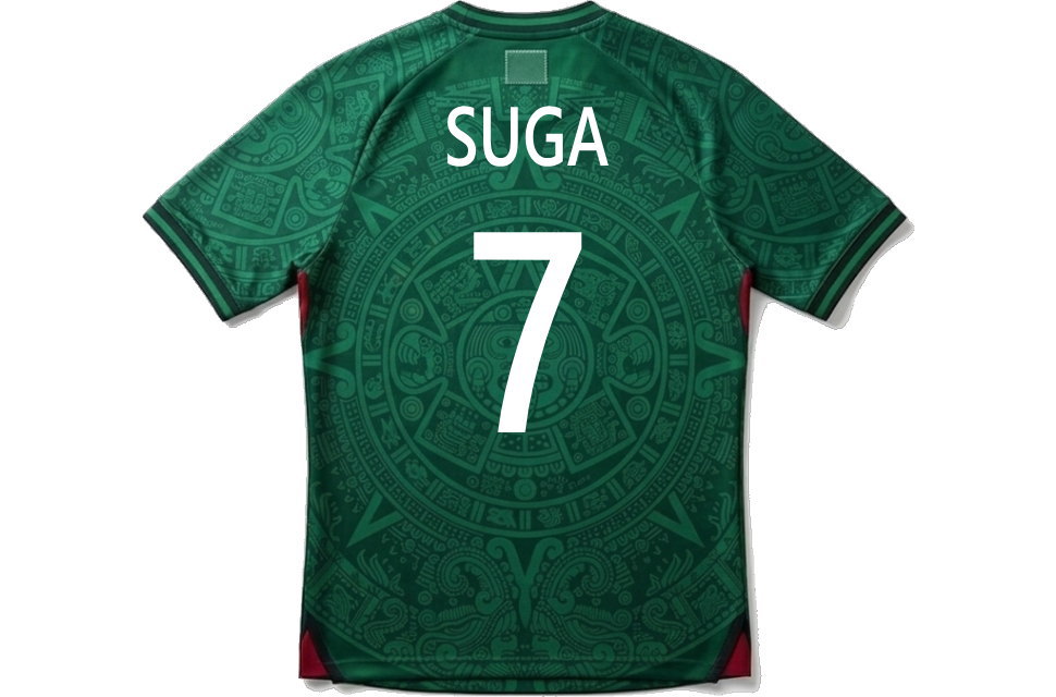 背番号7とSUGAのネームがプリントされたメキシコカラーのサッカーユニフォーム背面