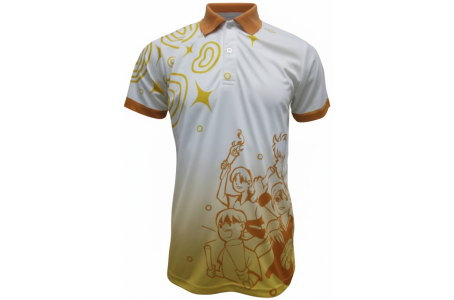 正面から見た白とオレンジのクラスTシャツ。文化祭や体育祭に使えるオリジナルデザインで、学生のイラストとグラデーションが特徴のポロシャツ