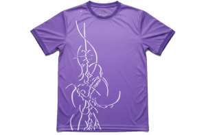 紫色の丸首Tシャツの前面。白の抽象的なラインアートが全体に昇華プリントされたデザインTシャツ。体育祭、学校祭のクラスTシャツ、速乾性ポリエステル素材。