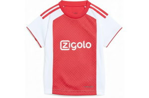 アヤックス風デザインのクラスTシャツ表面。赤と白の全面昇華プリントに丸首仕様、胸元にはZigoloのロゴを配置したサッカーユニフォーム風デザイン。