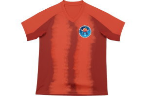 岡山県の高校生がデザインしたバイエルンミュンヘン2024-25風のクラスTシャツ。全面昇華プリントによる赤のグラデーションが特徴のVネックサッカーユニフォーム前面デザイン。