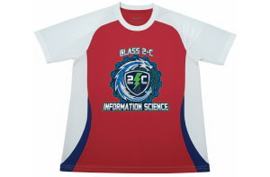 アーセナル2024-25風デザインのクラスTシャツ。愛知県の高校から制作依頼を受けた、赤と白の全面昇華プリントサッカーユニフォーム。中央に情報科学科のオリジナルロゴ入り。