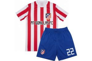 アトレティコ・マドリード2024-25風デザインのサッカーユニフォーム前面。赤白ストライプにチーム名MT GORILLAS FCとオリジナルロゴを昇華プリントしたクラスTシャツ制作例。