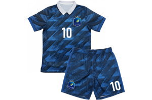 クラスTシャツやサークルで人気のフランス代表風サッカーシャツ前面。全面昇華プリントで色鮮やかなネイビーの幾何学模様。