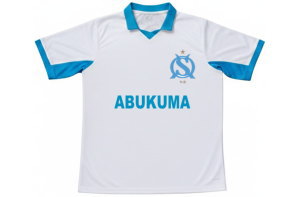 マルセイユ風デザインのクラスTシャツ表面。福島県の高校向けに全面昇華プリントで制作した、白と水色の爽やかなサッカーユニフォームデザイン。