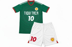 クラスTシャツやサークルで人気のメキシコ代表風サッカーシャツ Vネックとアステカ模様のデザイン