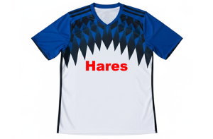 ハンブルガーSV風デザインのクラスTシャツ。全面昇華プリントで鮮やかな青と黒のグラデーションを再現した、東京の大学サークル向けサッカーユニフォーム前面。