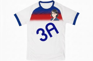 クラスTシャツ サッカー イングランド代表風デザイン 前面 先生の似顔絵イラストとクラス名3Aの昇華プリント 栃木県高校制作事例