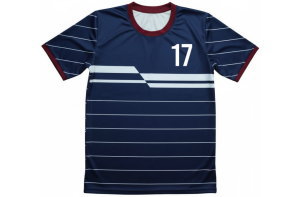 サッカーユニフォームのオーダーメイド製作例。ネイビーに白のボーダーと胸番号を昇華プリントした千葉県のチーム用ユニフォーム。