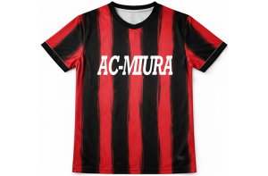 ACミラン風の赤黒縦縞にチーム名AC-MIURAを白文字でプリントしたオーダーメイドサッカーユニフォームの前面