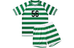 セルティック風の緑白ボーダー柄サッカーユニフォーム上下セット。胸番号56が入ったオーダーメイドデザイン