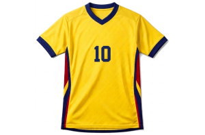 サッカーコロンビア代表風の黄色いオーダーユニフォーム前面。胸番号10番が紺色でプリントされたVネックデザイン。