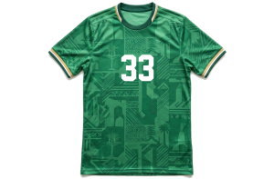 サウジアラビア代表風の緑の濃淡デザインを施したオーダーメイドサッカーユニフォームの前面。中央に白い胸番号33がプリントされている。