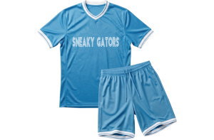 ウルグアイ代表カラーの水色と白のオーダーメイドサッカーユニフォーム上下セット。胸にSNEAKY GATORSの文字