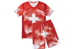 サッカースイス代表をイメージした赤と白のオーダーメイドユニフォーム上下セットの全体像