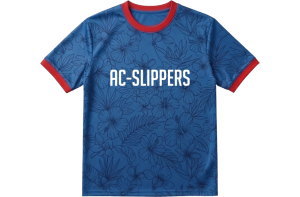 フランス代表風の青を基調とした全面昇華プリントのオーダーメイドサッカーユニフォーム前面。胸にホワイトのAC-SLIPPERSロゴ入り