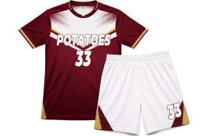 カタール代表カラーのえんじ色と白を基調とした、チーム名と番号入りのオーダーメイドサッカーユニフォーム上下セッ